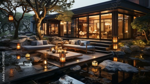 b'Modern Asian house with minimalist garden and pond'