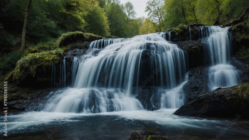 Landscape with river and forest with green trees. Silky crystal water and long exposure. Ordesa Pyrenees.
