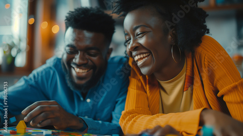 Board Game Night: A diverse couple playing board games at home, laughing and bonding over friendly competition and shared interests, inclusive couple