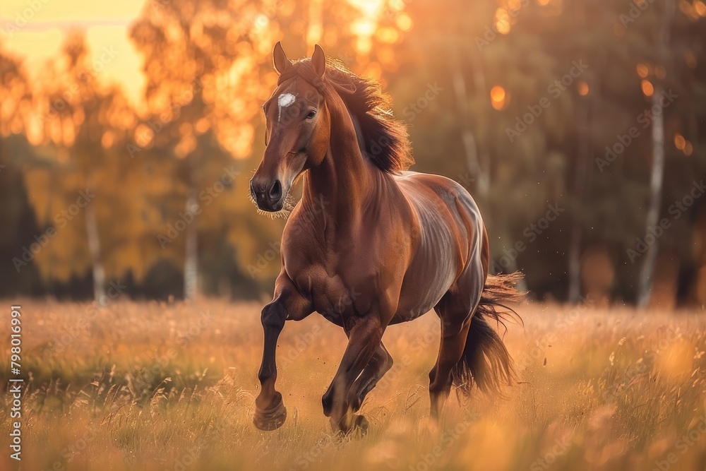 Obraz premium A beautiful image capturing a majestic horse galloping freely in a field, with the golden glow of the sunset enveloping the scene.