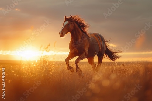 A beautiful image capturing a majestic horse galloping freely in a field, with the golden glow of the sunset enveloping the scene.