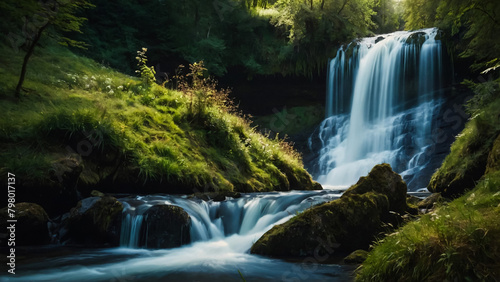 Landscape with river and forest with green trees. Silky crystal water and long exposure. Ordesa Pyrenees. 