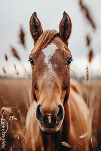 Horses grazing in green field with copy space  vertical view for farm animal photography