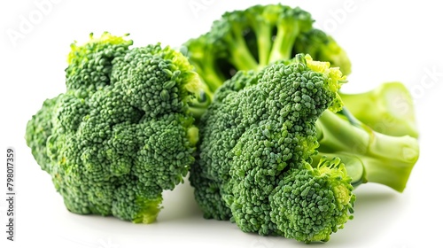 Fresh green broccoli florets close up on white background. Healthy eating concept.