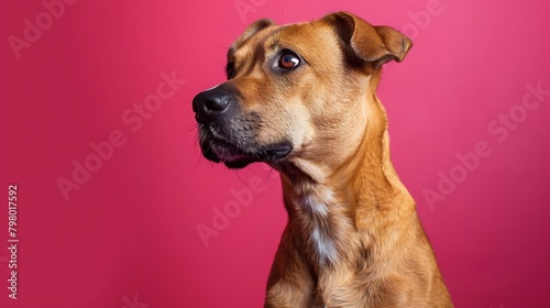 A studio shot of a brown mutt dog looking off to the side with a curious expression on its face against a pink background.