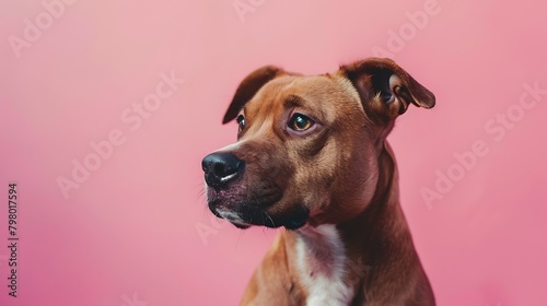 A studio shot of a brown and white pit bull terrier against a pink background. © Colorful Creations
