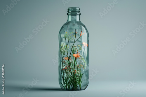 Digital generated image of grass and flowers growing on used plastic bottle against gray background.