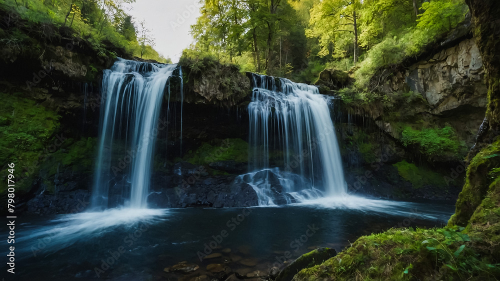 Landscape with river and forest with green trees. Silky crystal water and long exposure. Ordesa Pyrenees.
