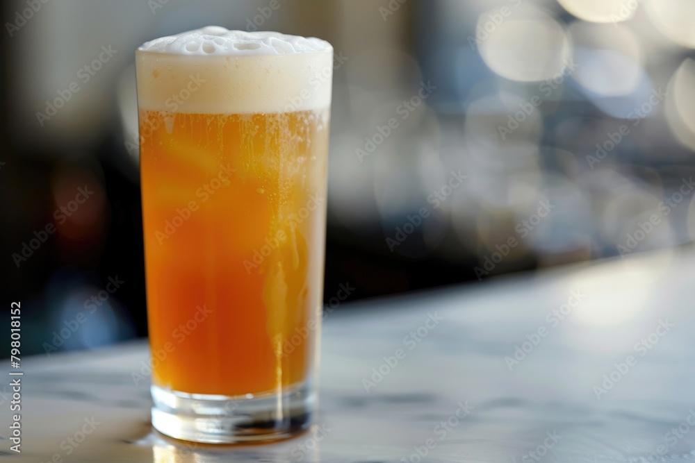 Refreshing Cold Beer Glass with Bubbles on Warm Background Refreshing Cold Beer Glass with Bubbles on Warm Background