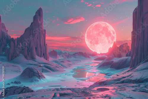 Dreamlike Pink and Blue Alien Terrain with Majestic Moonrise