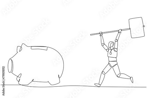 Single continuous line drawing robot holding a big hammer chasing big running piggy bank. Artificial intelligence trials require funding. Disburse emergency funds. One line design vector illustration