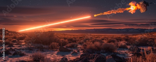 Dramatic MLRS firing sequence captured at twilight across a serene desert landscape photo