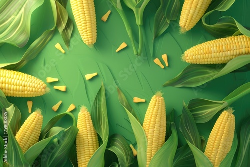 Fresh corn on a vibrant green background. Perfect for food and agriculture concepts