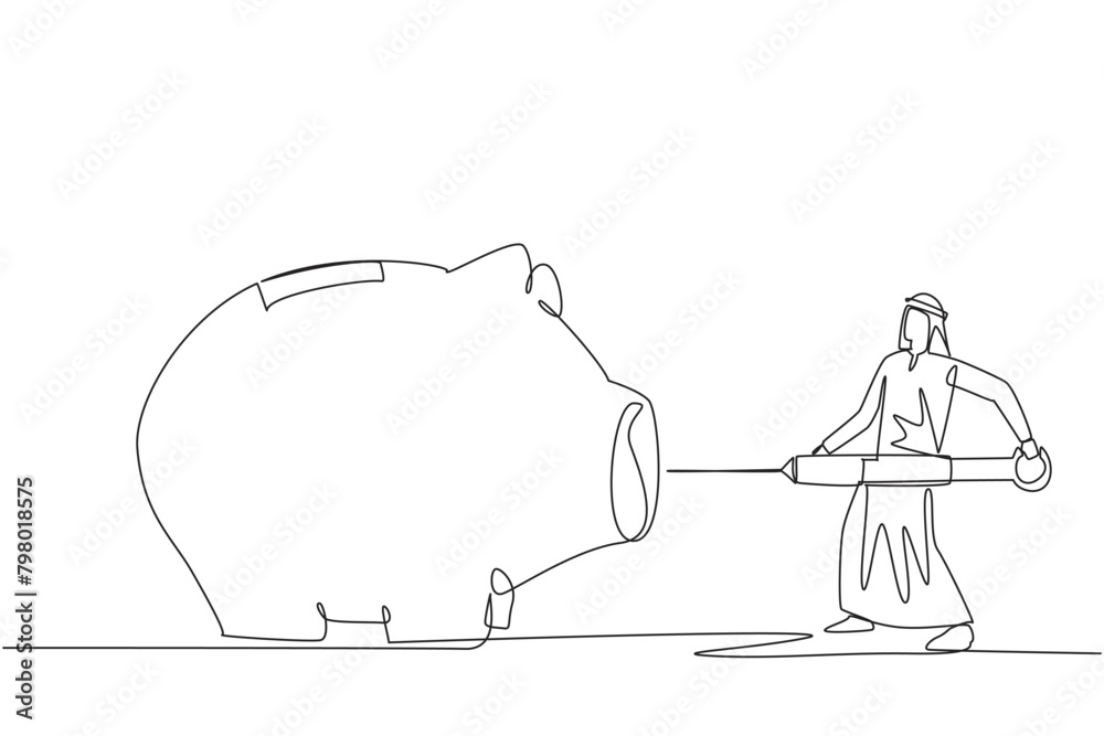 Single one line drawing Arab businessman holding big syringe and want to inject it into big piggy bank. Additional capital. Trigger enthusiasm for business. Continuous line design graphic illustration Single one line drawing Arab businessman holding big syringe and want to inject it into big piggy bank. Additional capital. Trigger enthusiasm for business. Continuous line design graphic illustration