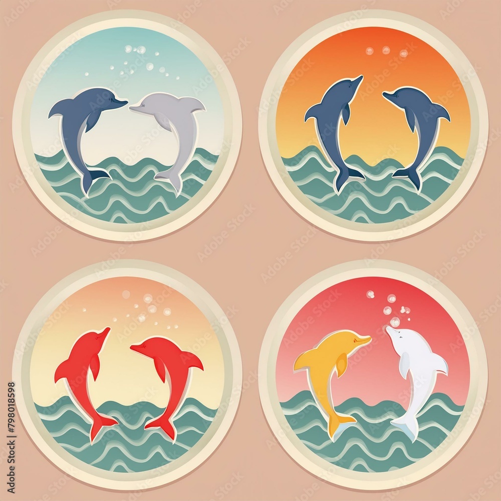 Naklejka premium Circular Dolphin Stickers featuring images of dolphins gracefully gliding through azure wateR