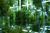A digitally generated image depicting plants growing through a cubic shape, symbolizing nature's resilience and the integration of greenery into urban environments.

