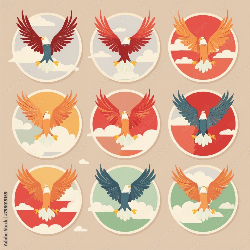 Fototapeta premium Circular Eagle Stickers adorned with images of eagles soaring high above the clouds