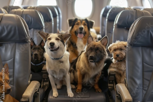 Pets on Board: Cats and Dogs Flying in Airplane Cabin. Cats and dogs comfortably seated in plane cabin chairs, embodying the concept of pet transportation, relocation, and emigration.