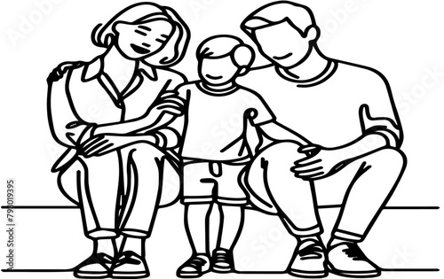 Continuous one black line art drawing happy family father and mother with son