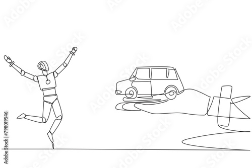 Single continuous line drawing a robot excited to get miniature car from giant hand. Duplicating artificial intelligence. Car technology in the future. Development. One line design vector illustration