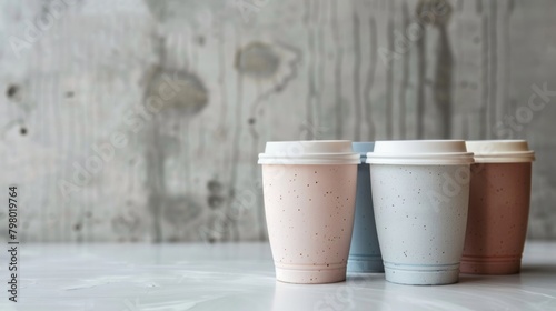 A minimalist and modern design featuring easy ways to incorporate sustainable living practices in the workplace such as using reusable cups and reducing paper waste..