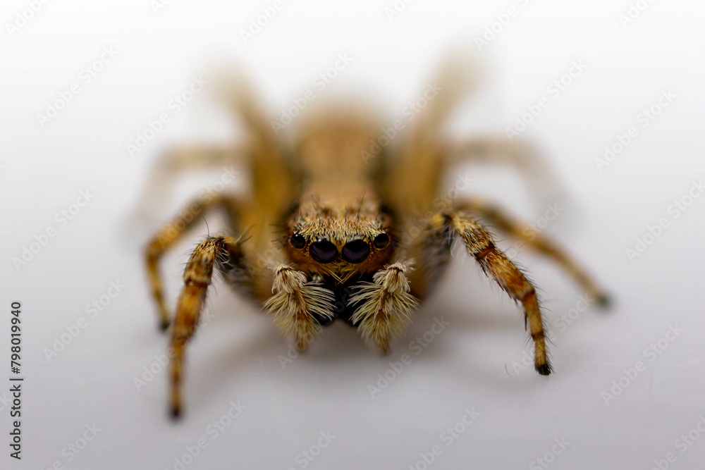 Gray jumping spider (Menemerus bivittatus), isolated in selective focus. flycatcher spider Gray jumping spider (Menemerus bivittatus), isolated in selective focus. flycatcher spider