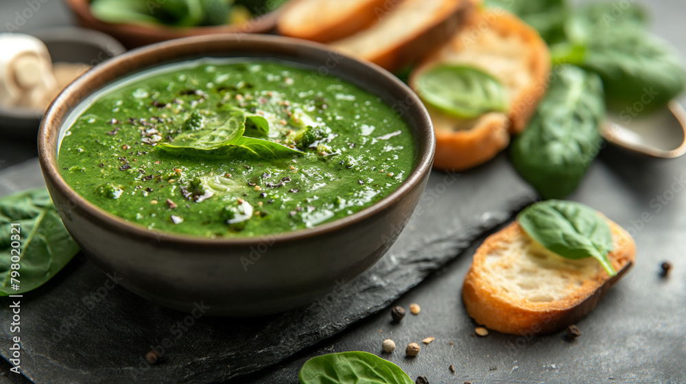 Green creamy spinach and broccoli soup with baguette toasts on a gray concrete background. Healthy food and diet. Top view. Green creamy spinach and broccoli soup with baguette toasts on a gray concrete background. Healthy food and diet. Top view.