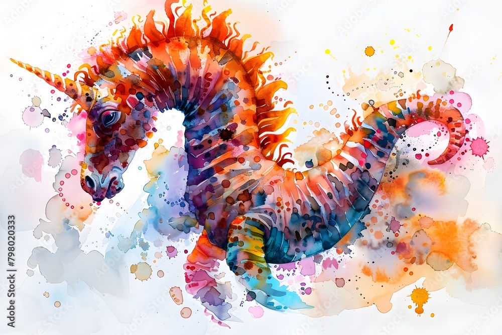 Colorful Watercolor Seahorse with Whimsical Patterns