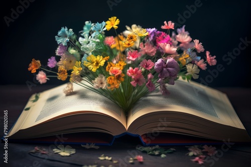 Open book adorned with vibrant, colorful flowers sprouting from its pages, embodying the essence of imagination and creativity © Ilia