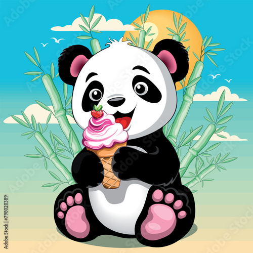 Panda Baby Cute Character eating strawberry ice cream with bamboo background vector illustration   © BluedarkArt