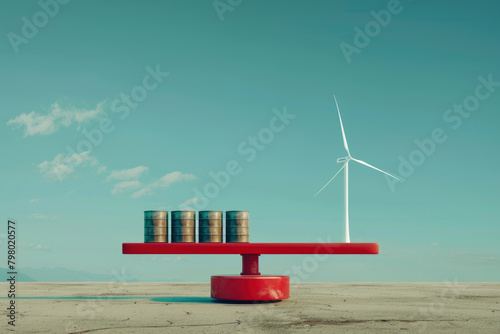 A digitally generated image of barrels of crude oil on one side of a seesaw, balancing with a wind turbine on the other side. This conceptual representation depicts the contrast between renewable and 