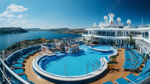 View of top deck of cruise ship with luxurious pools and spa facilities. photo