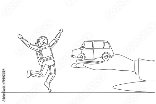 Continuous one line drawing astronaut excited to get miniature car from giant hand. Vehicle. Ease of accommodation. Right of ownership. Reward. Cosmonaut. Single line draw design vector illustration
