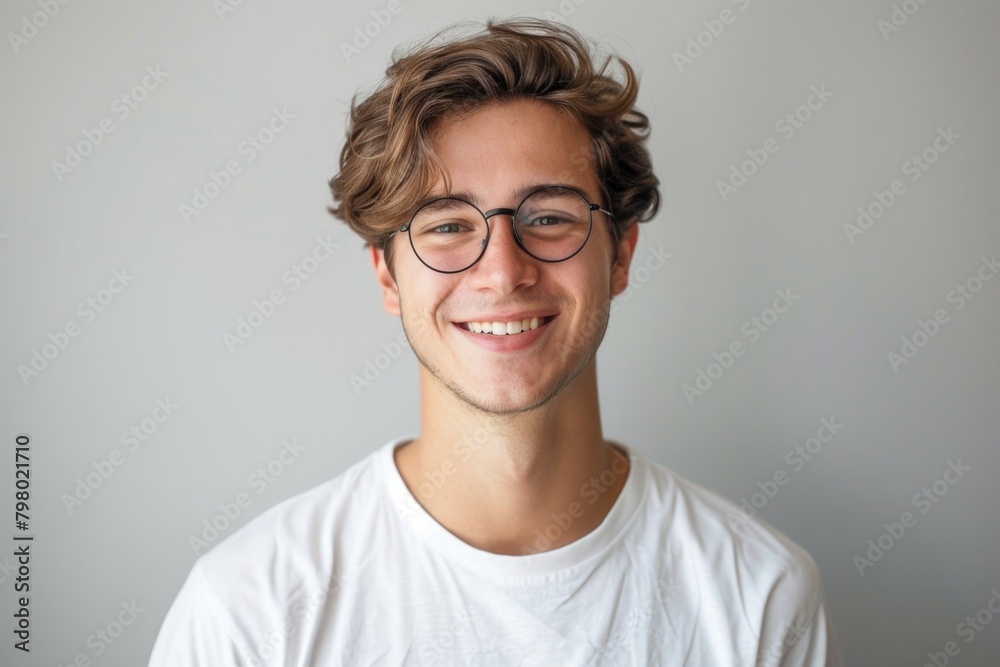 White Male Smiling. Portrait of Young Student in White T-shirt and Round Eyeglasses