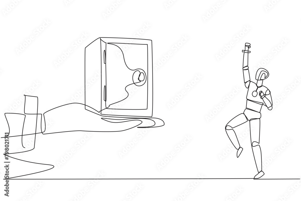 Single one line drawing a robot excited to get a safe deposit box from a giant hand. The safest storage. Saving artificial intelligence trials. Technology. Continuous line design graphic illustration Single one line drawing a robot excited to get a safe deposit box from a giant hand. The safest storage. Saving artificial intelligence trials. Technology. Continuous line design graphic illustration