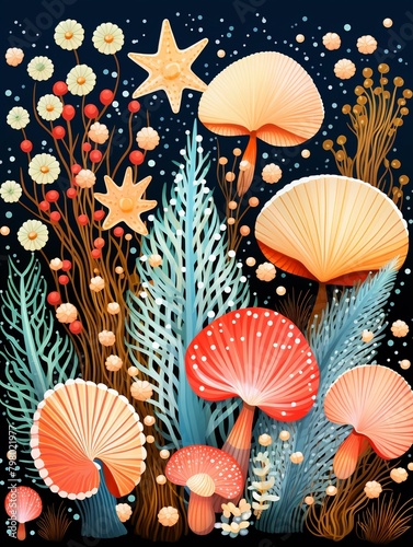 Ocean treasures pattern, hand drawn group of shells and coral, seamless for wrapping , flat graphic drawing, dark background