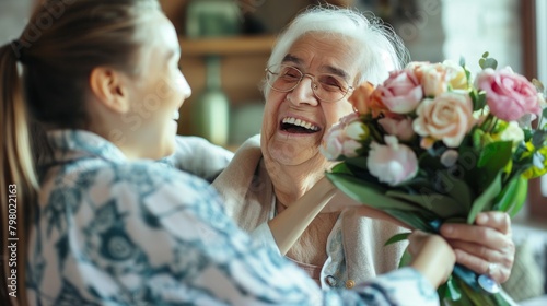 Loving young adult female child congratulate excited elderly mother with birthday anniversary at home. Smiling caring grownup millennial daughter present gift flowers to old mom on women s day.  photo