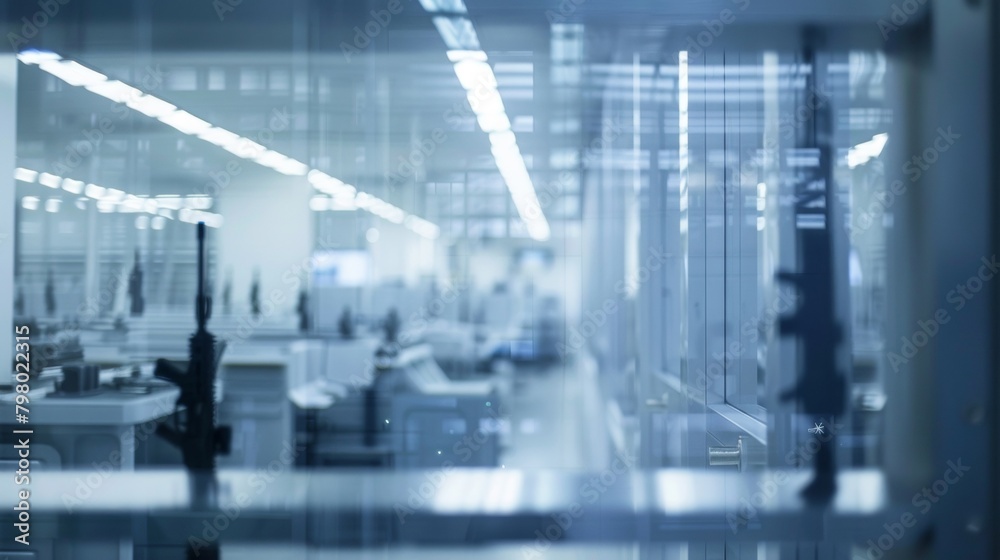 Fototapeta premium Through a defocused window a glimpse of a world where everything is in shades of white and gray. The only pop of color comes from the futuristic weapons being tested and controlled .