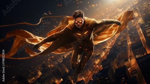 Superhero flying in the sky with costume and cape. Action movie blockbuster shot. photo