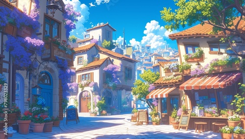 Vibrant and colorful street scene in the style of an animated game  featuring cobblestone streets lined with quaint shops and cafes  surrounded by charming buildings adorned with hanging flowers