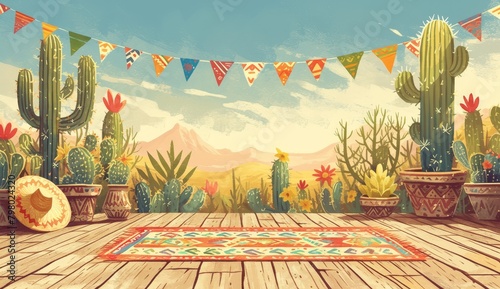 wooden table with cactus and sombrero, mexican background, colorful stripes in the sky, mexican fiesta