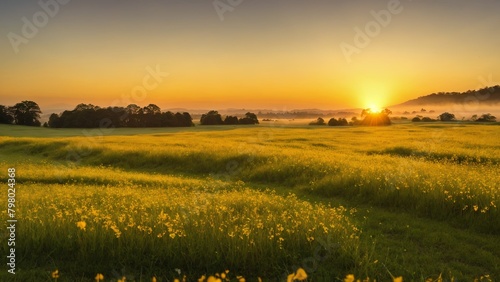 夕陽に彩られた大地：黄色い花の海 photo