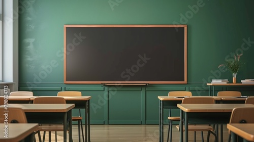 Empty classroom with rows of desks, chairs, and prominent chalkboard on wall. Anticipation and readiness for learning. Educational concepts, back-to-school themes.