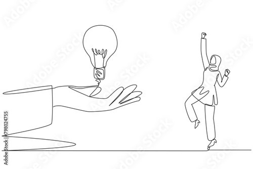 Single one line drawing Arabian businesswoman is excited to get lightbulb from a giant hand. Brainstorming. Best solution. Providing innovation. Good idea. Continuous line design graphic illustration