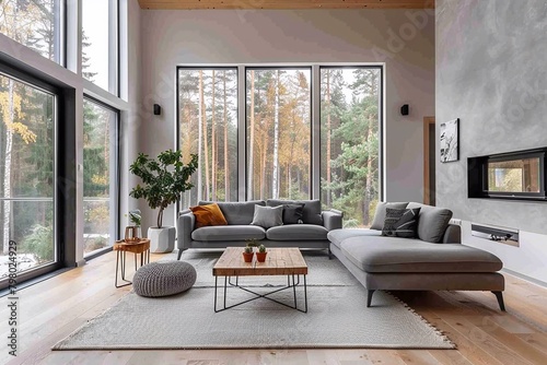 Interior of Modern living room with grey sofas and large window.