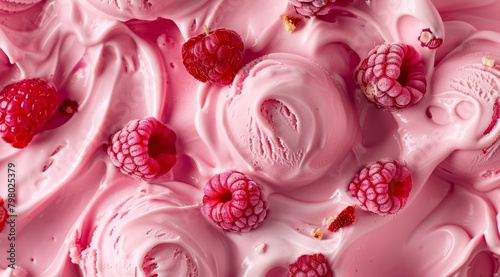 Surface of raspberry ice cream with fresh berries, top view. Pink ice cream texture background.