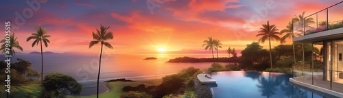 A beautiful sunset over the ocean. The sky is ablaze with color, and the palm trees are silhouetted against the horizon. The waves are gently lapping at the shore, and the sound of the surf is soothin