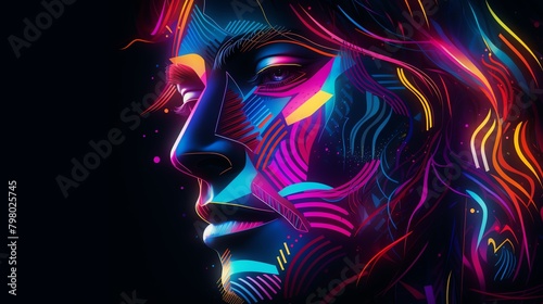 A portrait of a woman's face with bright neon colors.