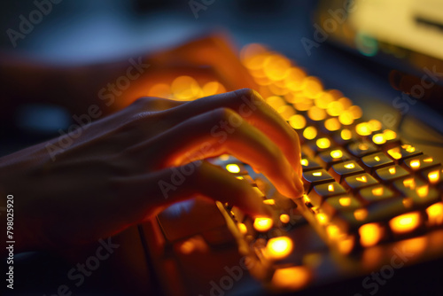 Hand typing on glowing keyboard, sci-fi, hi-tech, science with yellow neon light photo