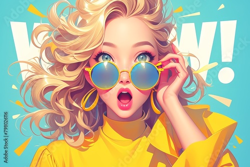 The word  WOW   written in an old school comic style font. A pop art image of a woman with blonde hair and sunglasses screaming with her mouth open and holding up one hand to the side of her face. 